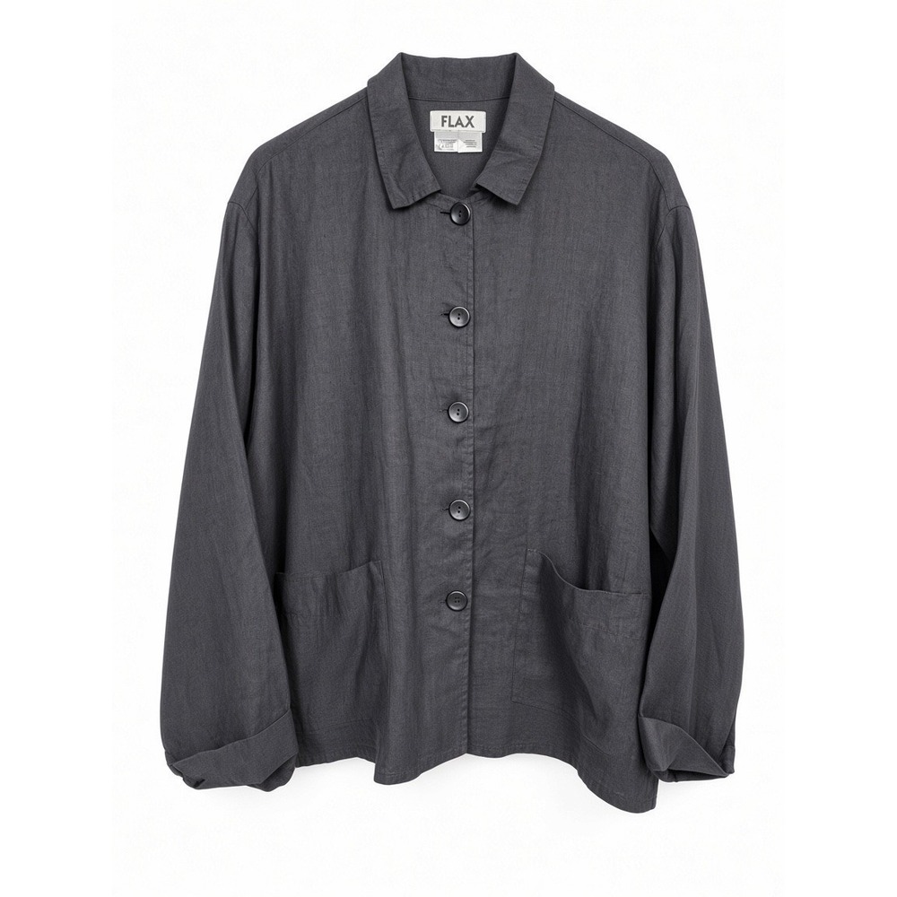 FLAX Size Large Black 100% LINEN Pockets Lagenlook Button Up Shirt Chore Jacket
